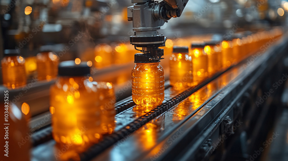 A robotic arm delicately handling glowing amber jars on a conveyor belt in a factory, surrounded by industrial machinery A robotic arm delicately handling glowing amber jars on a conveyor belt in a factory, surrounded by industrial machinery