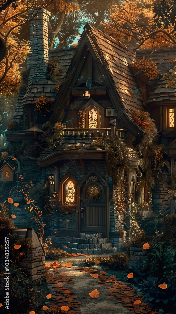 Fototapeta premium Enchanted Stone Cottage in Autumn Forest
