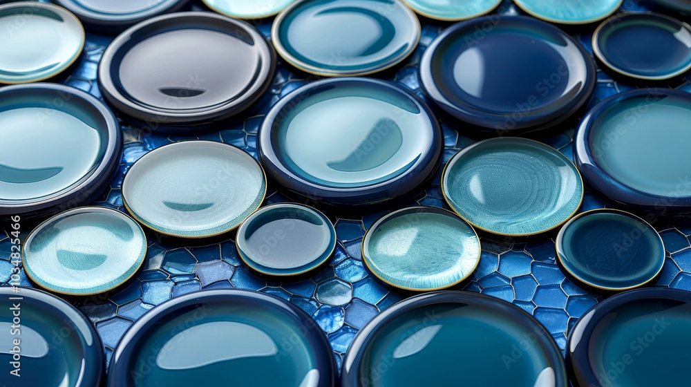 Various round glass pieces in shades of blue and green are beautifully arranged on a textured blue surface, creating an artistic visual display that highlights their glossy surfaces and colors. Various round glass pieces in shades of blue and green are beautifully arranged on a textured blue surface, creating an artistic visual display that highlights their glossy surfaces and colors.