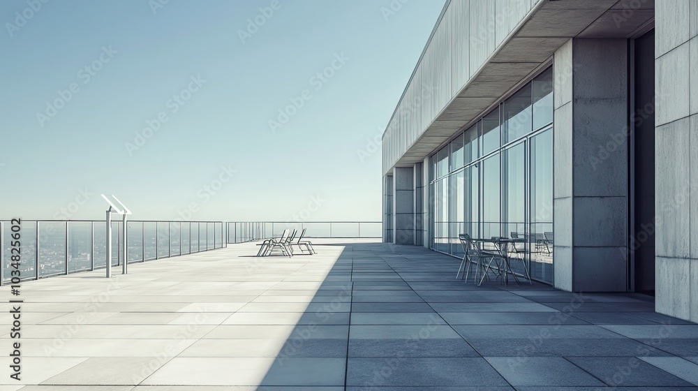 Fototapeta premium Rooftop Patio with Glass Walls and Lounge Chairs