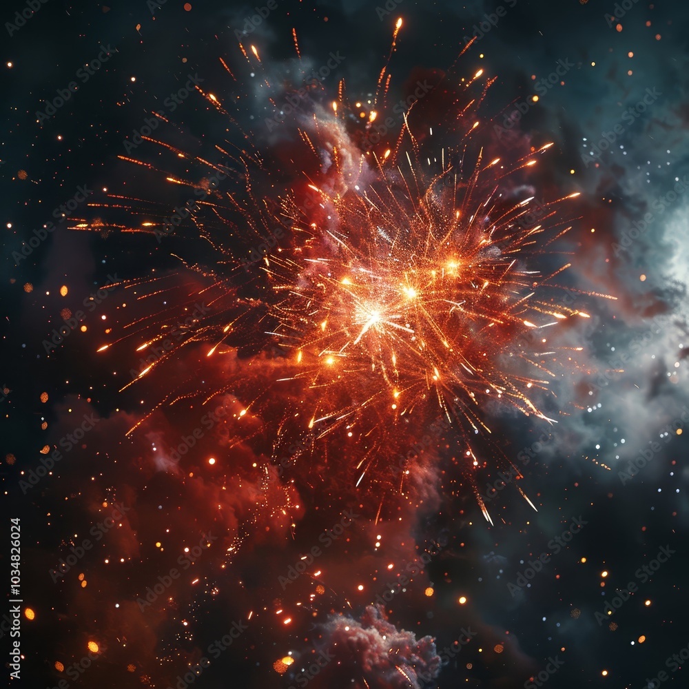 Fototapeta premium A vibrant burst of fireworks lights up the dark night sky, showcasing an array of colors and sparks. The explosion creates a spectacular visual display, captivating onlookers with its beauty.