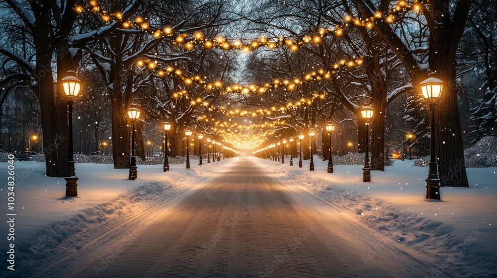 Snowy Pathway with String Lights and Lampposts Snowy Pathway with String Lights and Lampposts