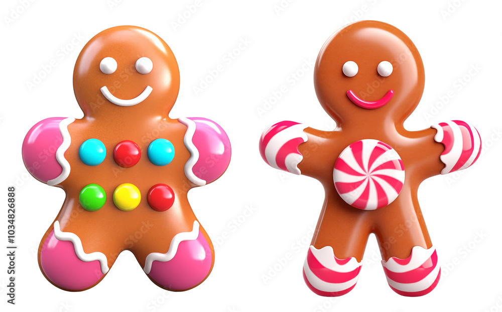 set of two 3D rendered gingerbread men with colorful icing details and candy accents, for festive decorations and holiday set of two 3D rendered gingerbread men with colorful icing details and candy accents, for festive decorations and holiday