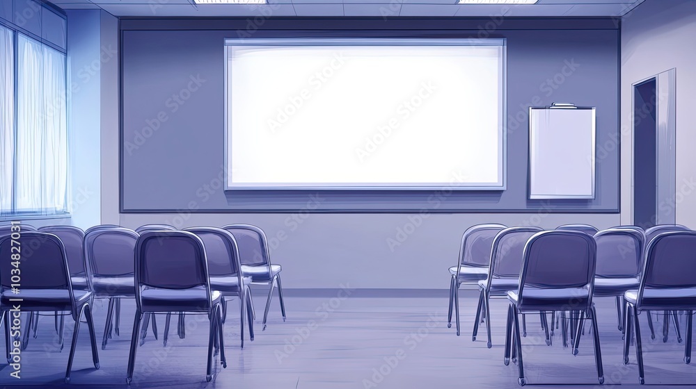 An Empty Conference Room with a Blank Whiteboard and Chairs An Empty Conference Room with a Blank Whiteboard and Chairs