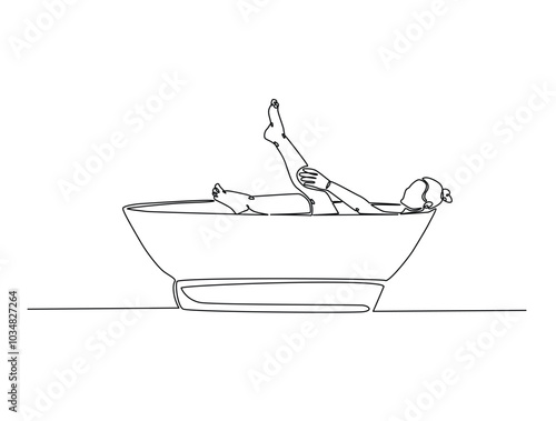 Continuous one line drawing of lady relaxing in the bath. Beautiful lady in the bathtub line art vector illustration. Editable vector.