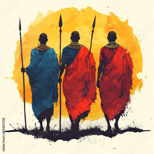 Vector illustration of Maasai warriors in traditional clothing with spears and shields