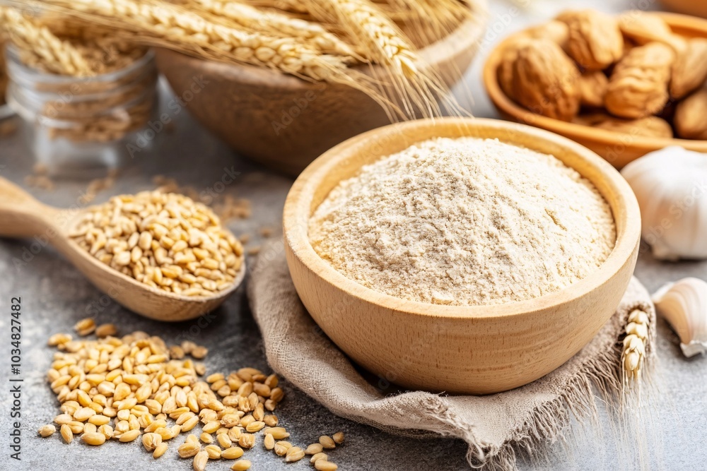 Wheat Flour in Wooden Bowl with Grains - Baking Ingredients Wheat Flour in Wooden Bowl with Grains - Baking Ingredients