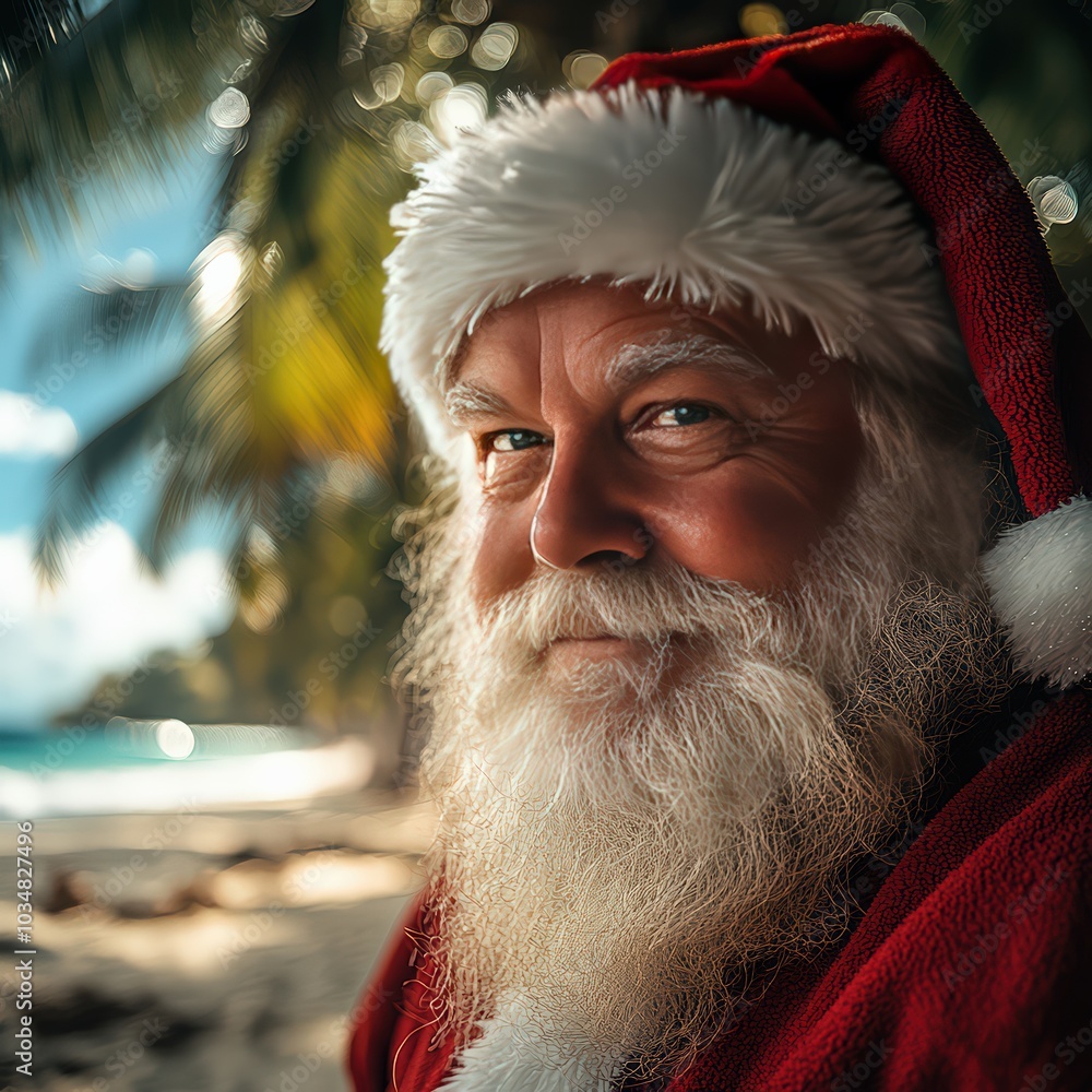 Santa Claus on a beach in festive attire under palm trees Santa Claus on a beach in festive attire under palm trees