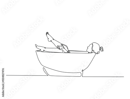 Continuous one line drawing of lady relaxing in the bath. Beautiful lady in the bathtub line art vector illustration. Editable vector.