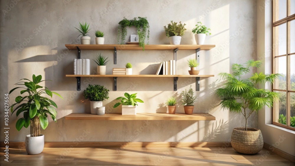 Sunlight Streams Through a Window, Illuminating a Room with a Rustic Wooden Shelf Decorated with Lush Greenery and Books. Sunlight Streams Through a Window, Illuminating a Room with a Rustic Wooden Shelf Decorated with Lush Greenery and Books.
