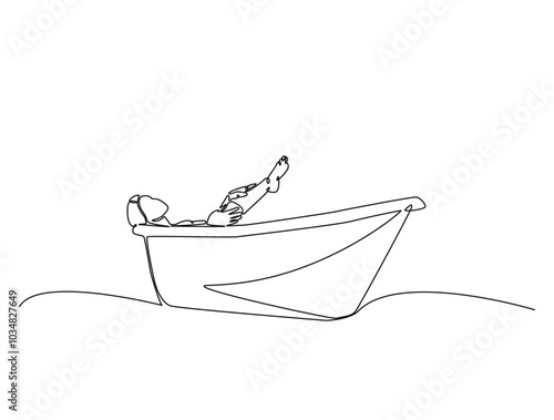 Continuous one line drawing of lady relaxing in the bath. Beautiful lady in the bathtub line art vector illustration. Editable vector.