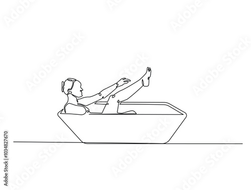 Continuous one line drawing of lady relaxing in the bath. Beautiful lady in the bathtub line art vector illustration. Editable vector.