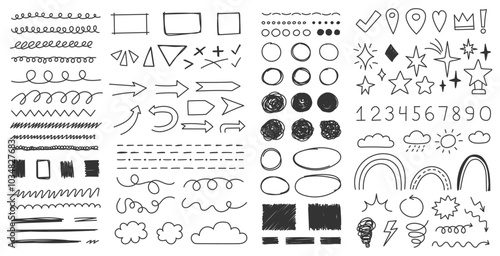 Hand drawn doodles, scribbles and sketch elements - arrows, lines, stars, shapes, clouds, circles, numbers and other symbols, vector eps10 illustration
