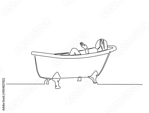 Continuous one line drawing of lady relaxing in the bath. Beautiful lady in the bathtub line art vector illustration. Editable vector.