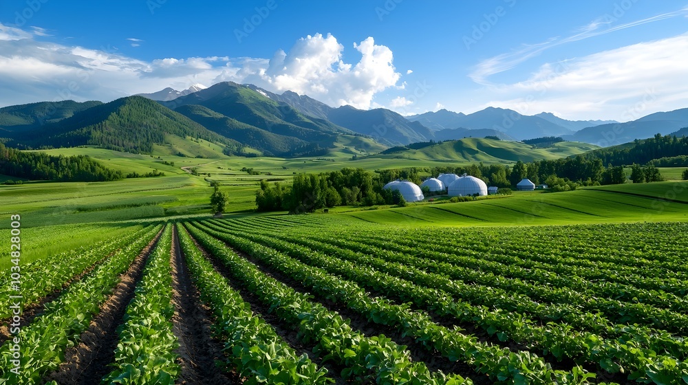 Picturesque countryside scene with rows of thriving seasonal crops and an advanced irrigation system keeping the fields lush and green Picturesque countryside scene with rows of thriving seasonal crops and an advanced irrigation system keeping the fields lush and green
