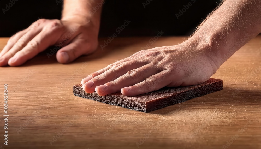 Hands working on a wooden surface with a finished piece. Hands working on a wooden surface with a finished piece.