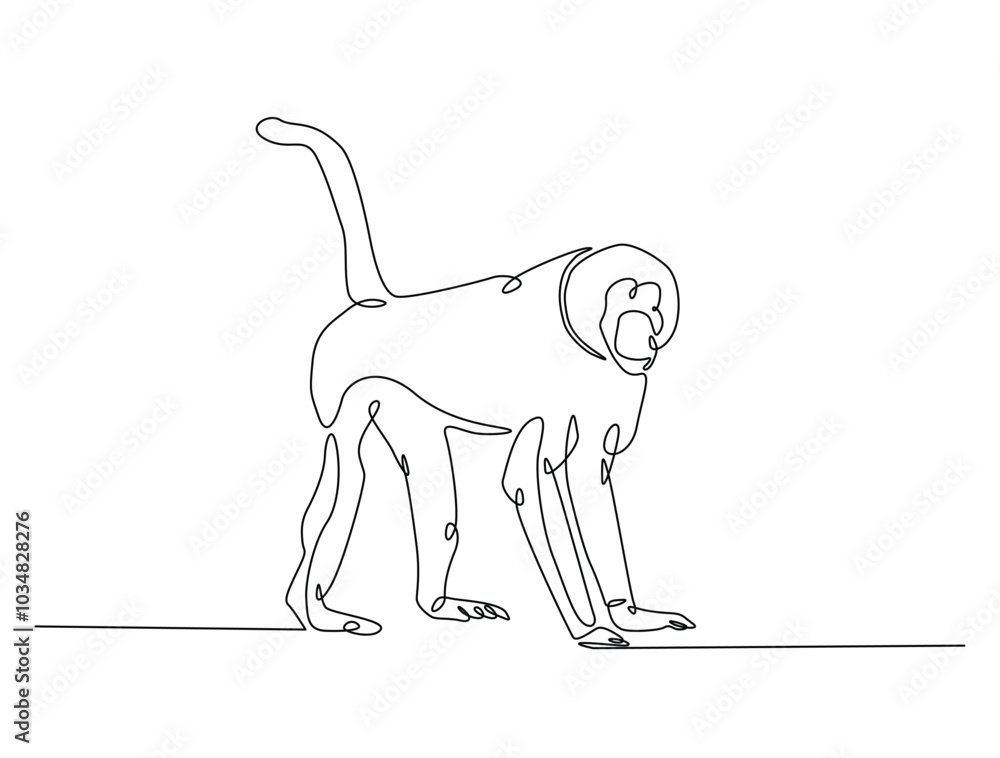 Continuous one line drawing of monkey with white background. Monkey ...