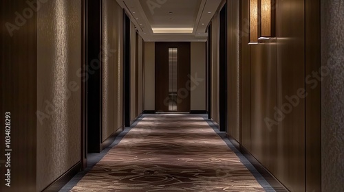 A Long, Dark Hotel Corridor with Carpeted Flooring