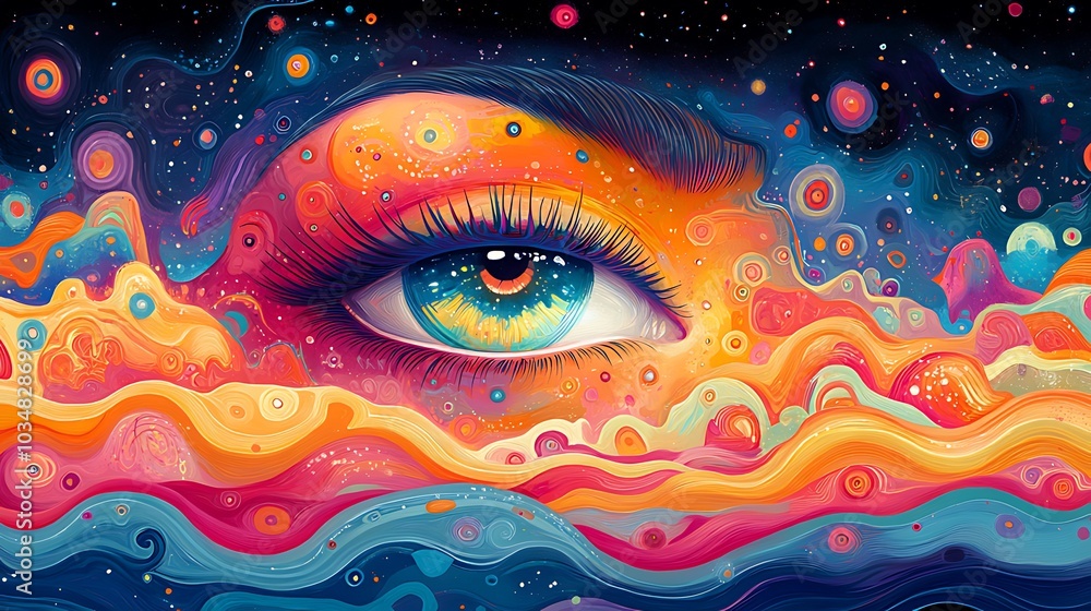 A single eye with blue iris and long lashes surrounded by a psychedelic pattern of bright colors, wavy lines, and swirling orbs. A single eye with blue iris and long lashes surrounded by a psychedelic pattern of bright colors, wavy lines, and swirling orbs.