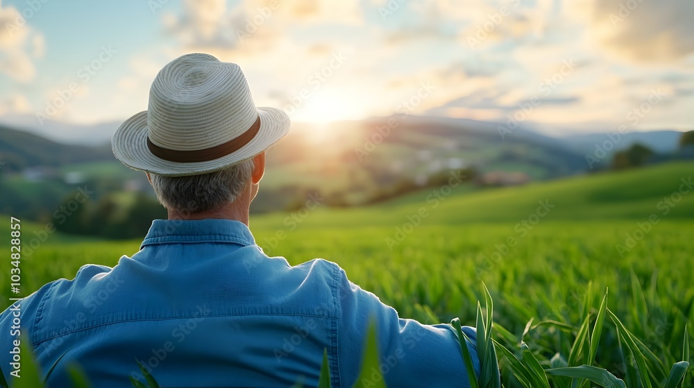 Farmer standing in a field of organic crops looking out over the peaceful countryside landscape with lush greenery blue sky and pastoral scenery Farmer standing in a field of organic crops looking out over the peaceful countryside landscape with lush greenery blue sky and pastoral scenery