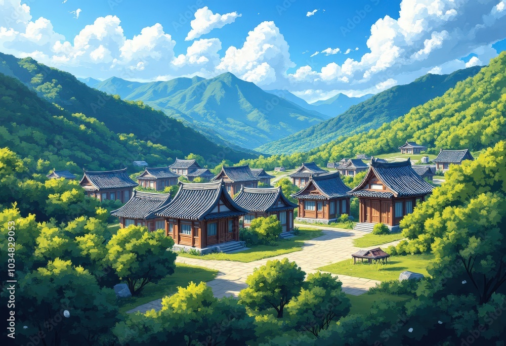 Mountain Village Landscape with Traditional Houses .