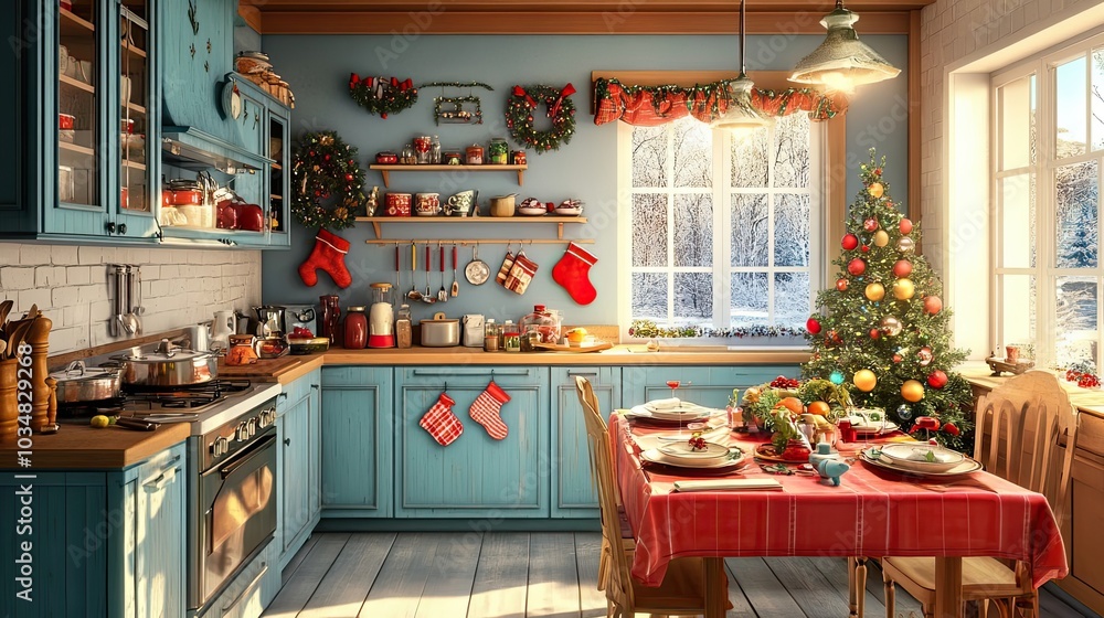 A Festive Christmas Kitchen with a Decorated Tree and Table Setting A Festive Christmas Kitchen with a Decorated Tree and Table Setting