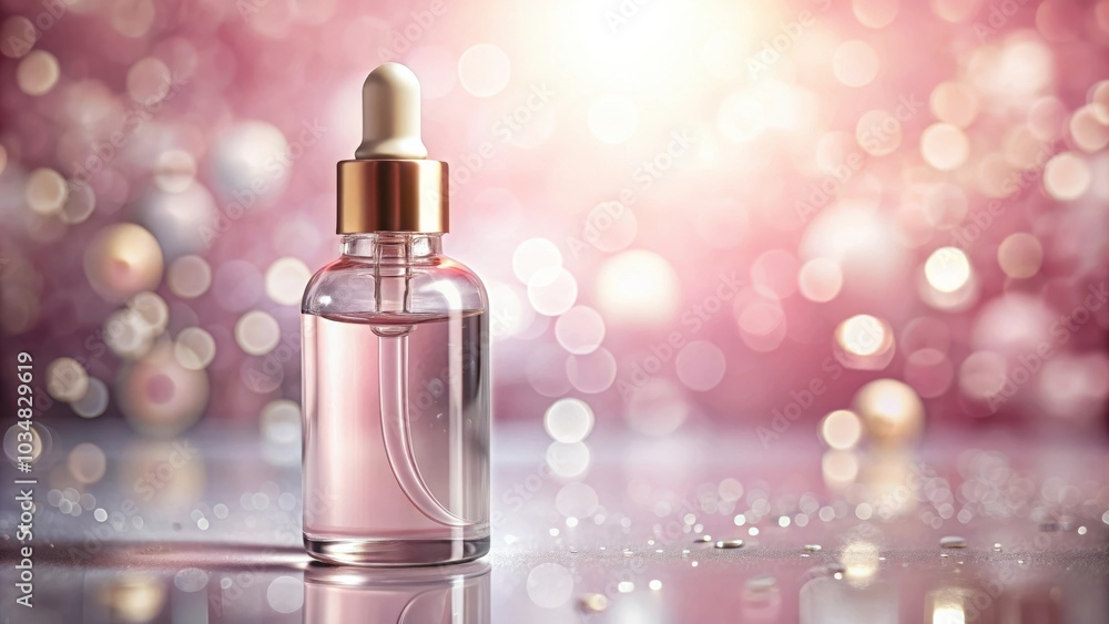 A Clear Glass Dropper Bottle With A Gold Cap And Pink Liquid On A Sparkling Surface With A Bokeh Background A Clear Glass Dropper Bottle With A Gold Cap And Pink Liquid On A Sparkling Surface With A Bokeh Background