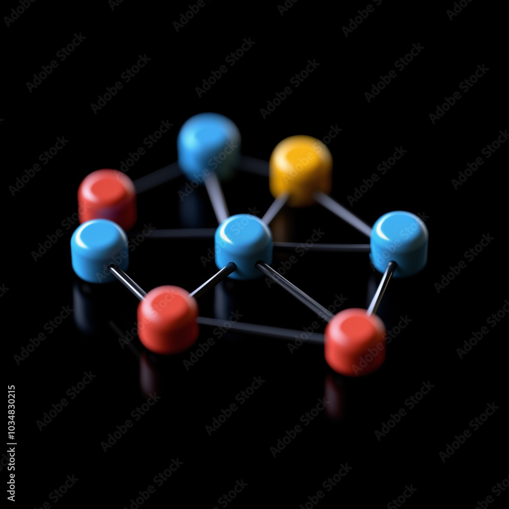 A colorful set of balls arranged in a pattern that resembles a network of connections. The balls are of different colors, including blue, red, and yellow A colorful set of balls arranged in a pattern that resembles a network of connections. The balls are of different colors, including blue, red, and yellow