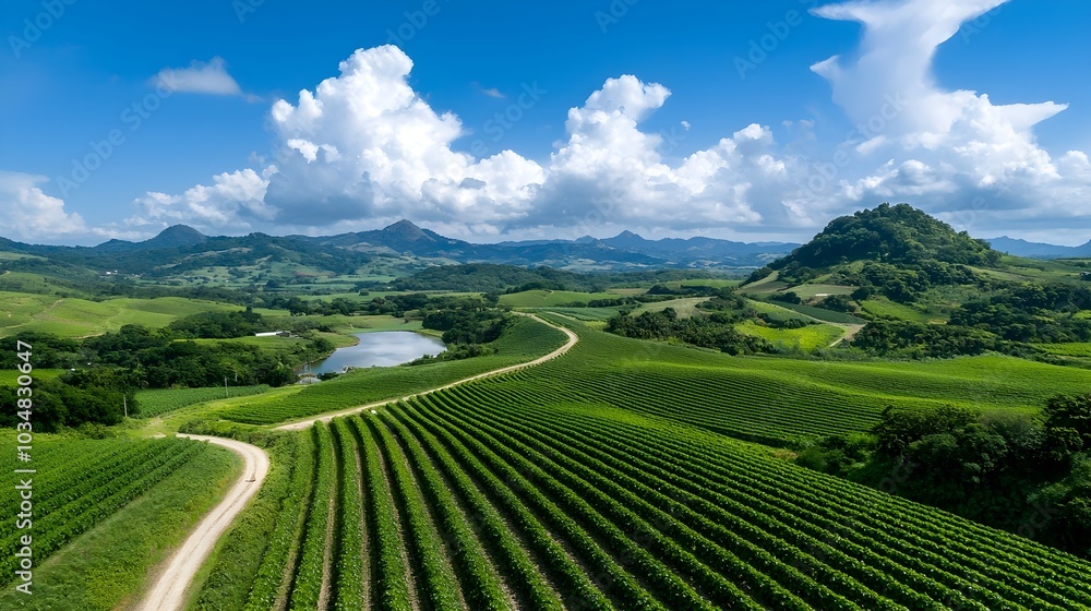 A scenic view of a sustainable rural farm with rows of lush green crops a natural water system and a rolling picturesque landscape in the countryside A scenic view of a sustainable rural farm with rows of lush green crops a natural water system and a rolling picturesque landscape in the countryside