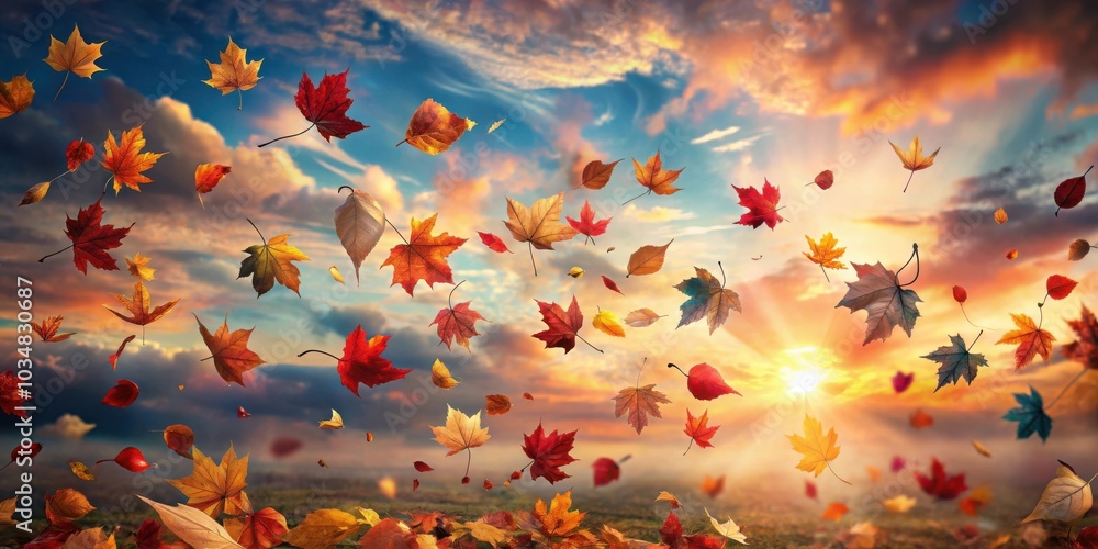 Autumn leaves dance against a fiery sunset sky, a symphony of vibrant colors swirling with the gentle breeze. Autumn leaves dance against a fiery sunset sky, a symphony of vibrant colors swirling with the gentle breeze.