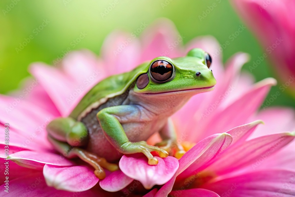 macro shot of green tree frog on pink flower macro shot of green tree frog on pink flower
