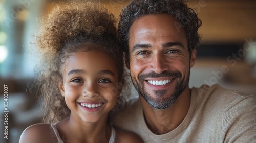 A cheerful father and his daughter smile widely while sitting close together in a warm, inviting indoor environment, highlighting their loving relationship.