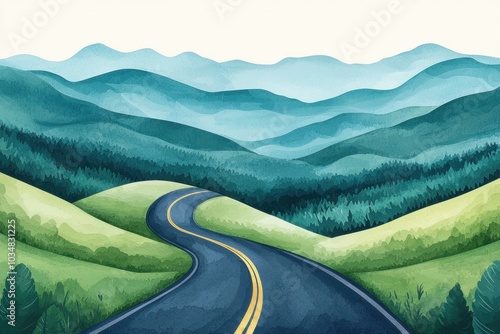 Winding road watercolor illustration in travel and adventure concept. Winding road through green hills art, winding road artwork with mountains and serene sky