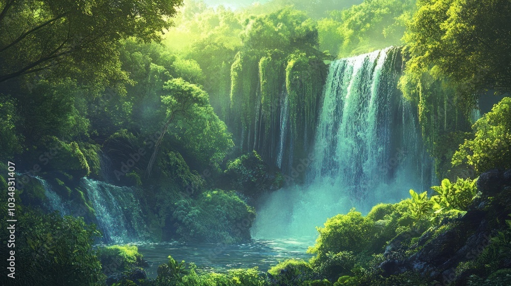 Tranquil Waterfall in Lush Rainforest Tranquil Waterfall in Lush Rainforest