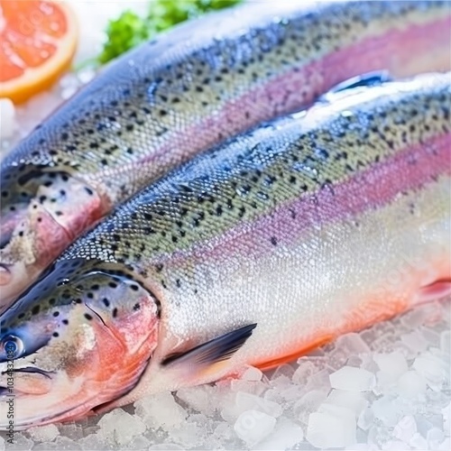 Three Fresh Raw Rainbow Trout on Ice photo