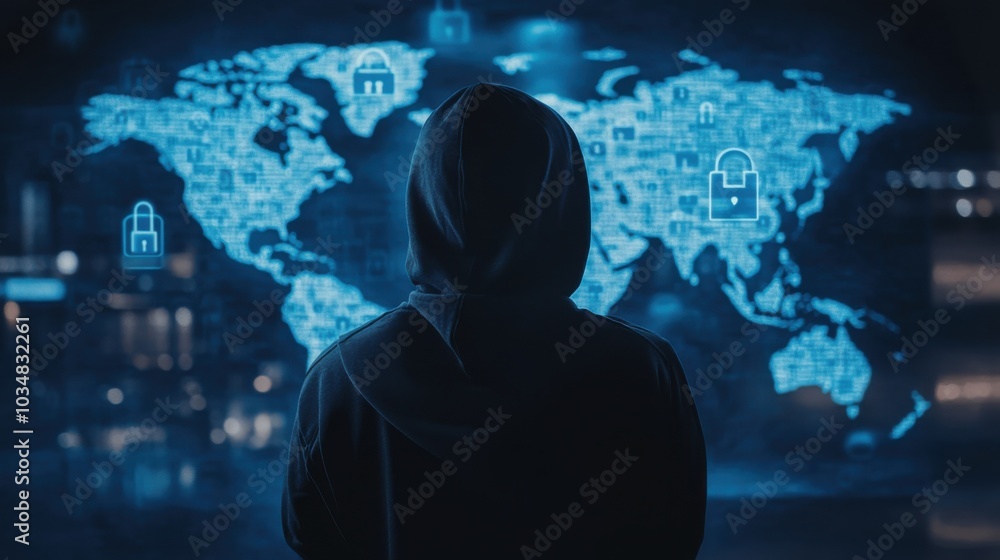Dark Figure in Hoodie Facing Digital Screen Dark Figure in Hoodie Facing Digital Screen