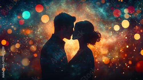 A couple locked in a kiss under the midnight sky, colorful fireworks exploding in the background, confetti and glowing sparks falling softly around, warm golden light illuminating their expressions,