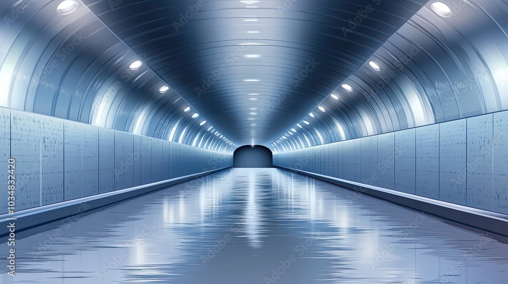 Wet, Reflective Tunnel with White Lights and Arched Ceiling Wet, Reflective Tunnel with White Lights and Arched Ceiling