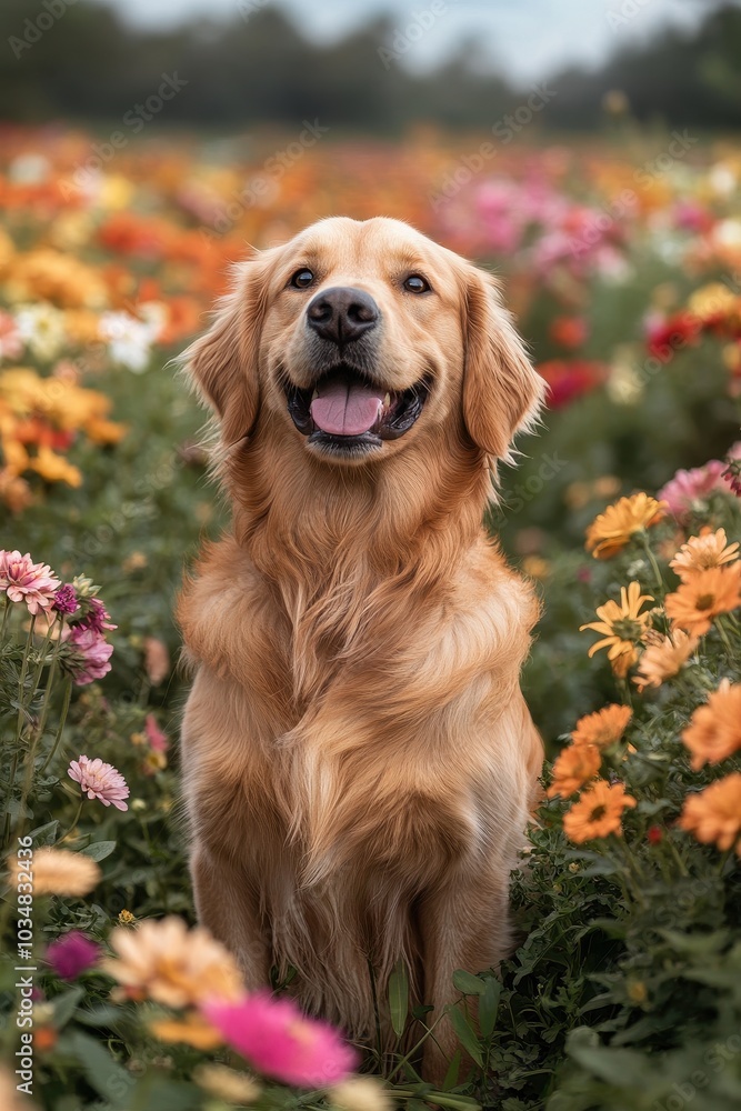 Golden Retriever Sitting Happily in a Vibrant Field of Colorful Flowers on a Sunny Day Golden Retriever Sitting Happily in a Vibrant Field of Colorful Flowers on a Sunny Day