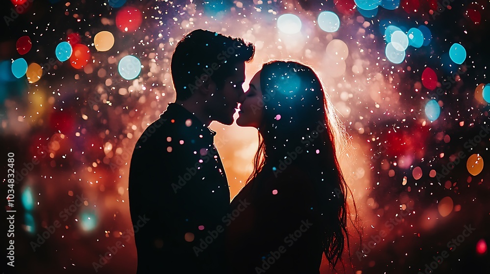 A couple sharing a passionate kiss beneath a vibrant fireworks display, their silhouettes illuminated by the colorful explosions, shimmering confetti raining down, A couple sharing a passionate kiss beneath a vibrant fireworks display, their silhouettes illuminated by the colorful explosions, shimmering confetti raining down,