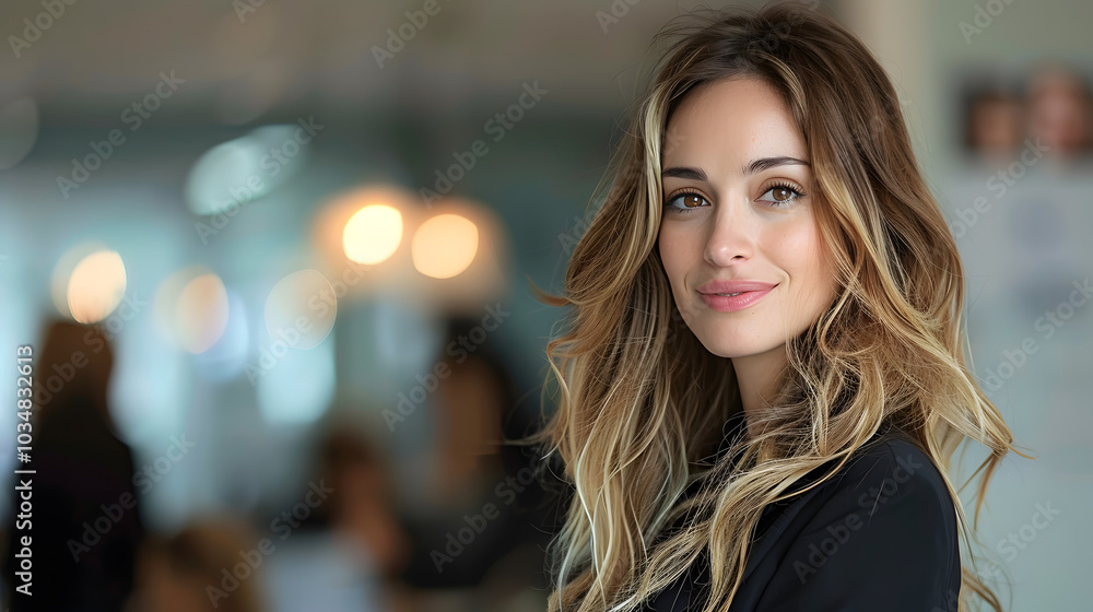 Attractive businesswoman woman posing at her work place with coworkers in the background Attractive businesswoman woman posing at her work place with coworkers in the background