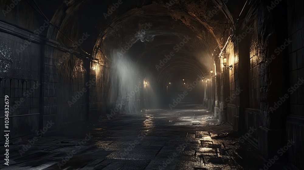 A Dark and Mysterious Stone-Walled Tunnel with Cobblestones and Lanterns A Dark and Mysterious Stone-Walled Tunnel with Cobblestones and Lanterns