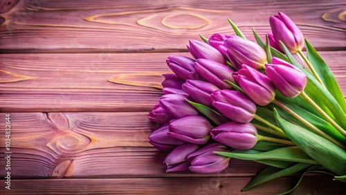 A vibrant bouquet of purple tulips arranged on a rustic wooden surface, showcasing the delicate beauty of nature's artistry.