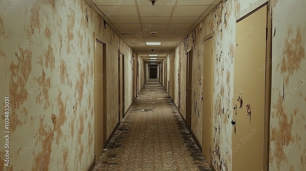 Abandoned Hallway with Peeling Walls and Doors Abandoned Hallway with Peeling Walls and Doors