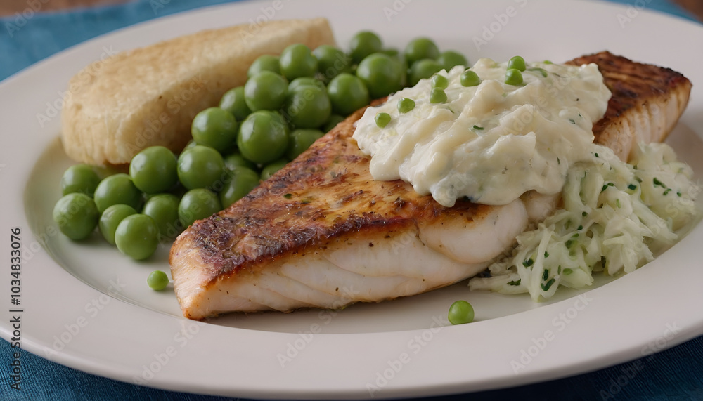grilled haddock on a plate with peas and coleslaw grilled haddock on a plate with peas and coleslaw