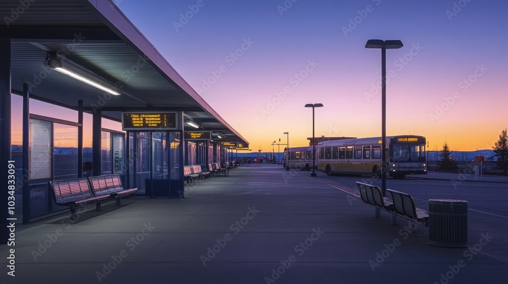 A peaceful bus terminal in the early morning, with a few buses parked and the first light of dawn casting soft hues across the scene. A peaceful bus terminal in the early morning, with a few buses parked and the first light of dawn casting soft hues across the scene.