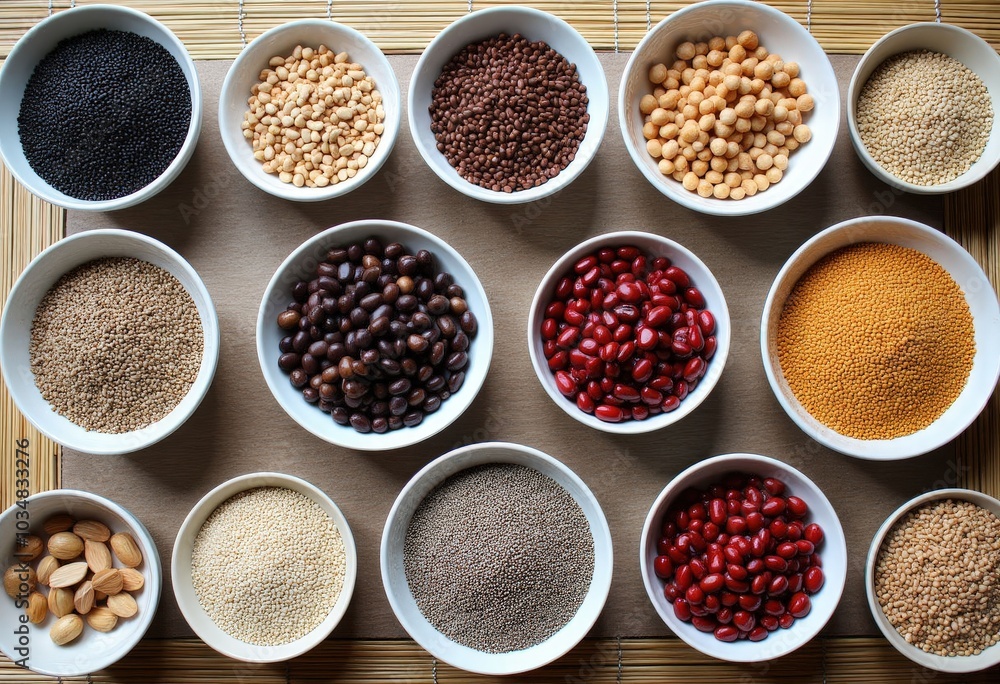 Various Grains and Seeds in Bowls on Matting . Various Grains and Seeds in Bowls on Matting .