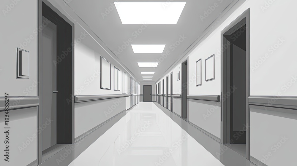 An Empty Hospital Corridor with Multiple Doors and Square Light Fixtures An Empty Hospital Corridor with Multiple Doors and Square Light Fixtures