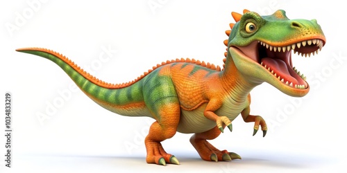 3D Rendered Cartoon Dinosaur with Open Mouth, White Background, Green and Orange, Cartoon, Dinosaur ,3D render, white background