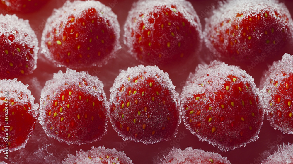 an extreme close-up, front view of the surface of frozen strawberries, filling the entire frame with their frosty texture and vibrant red color an extreme close-up, front view of the surface of frozen strawberries, filling the entire frame with their frosty texture and vibrant red color